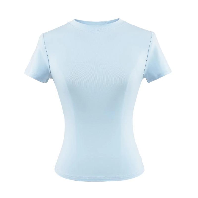 Amoi Women's Solid Color Kardashian Crew Neck Slim-Fit Short Bottom Shirt Basic Short Sleeve Shirt