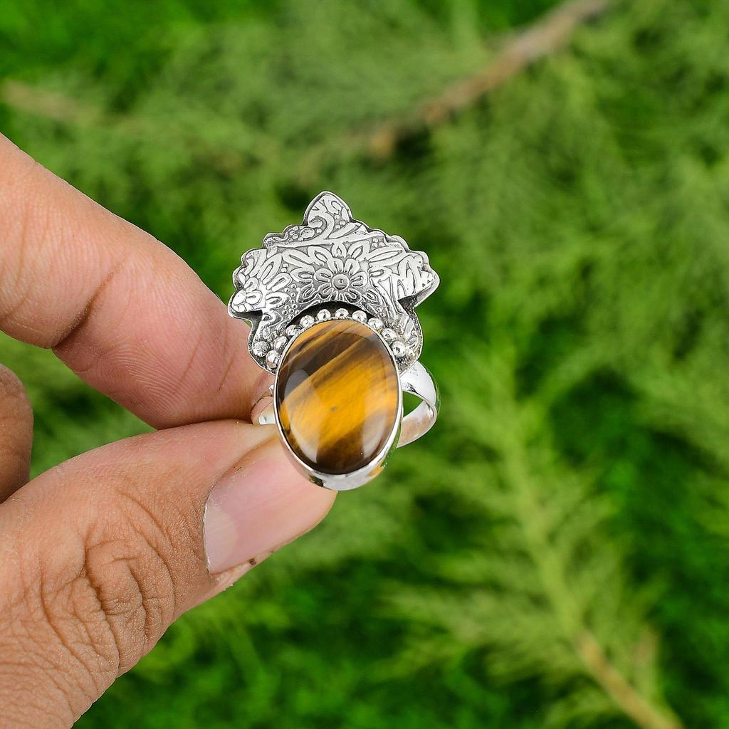 Oval Natural Tigers Eye Wedding Art Deco Birthday Promise Wife Ring 925 Silver