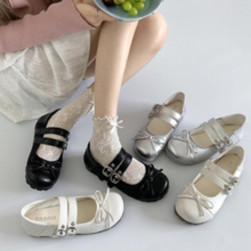 Mode Retro Rundkopf Flachschuhe mit flachem Ausschnitt Frau Weiche Sohle Ballett Mary Jane Schuhe Doppelschnalle Lässige Schleife Damen Slipper