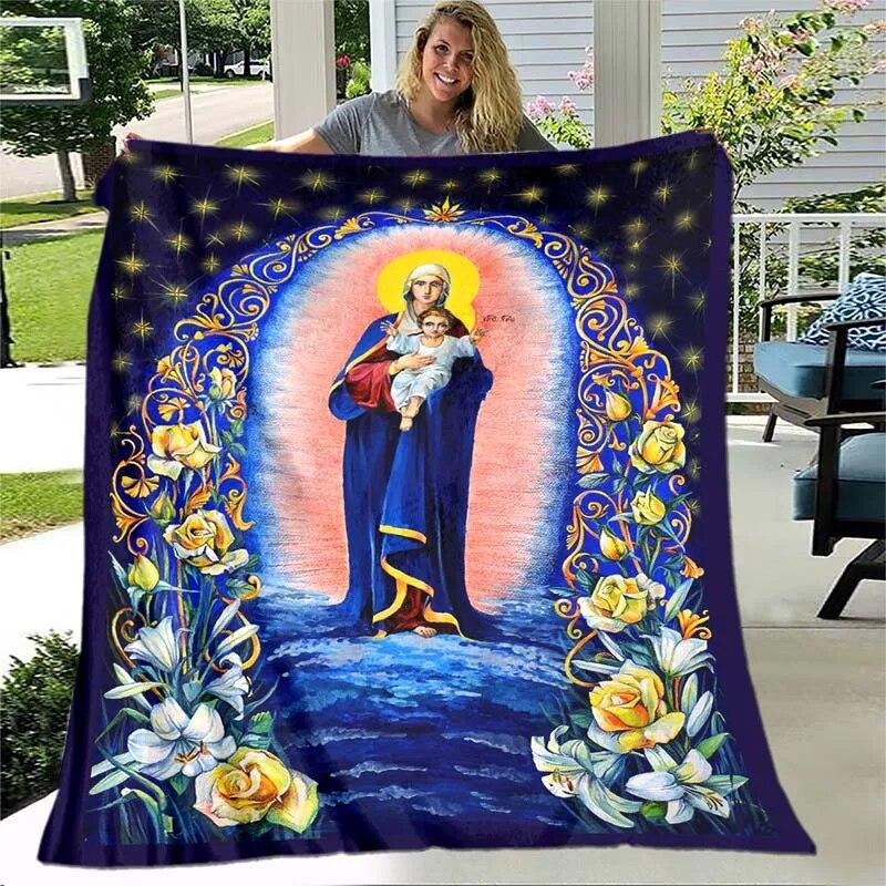 Jesus Jungfrau Maria Prayer Blanket- Lightweight Flannel Throw for Sofa ,Digital Printed Blanket with Soft & Worm Flannel Fabric