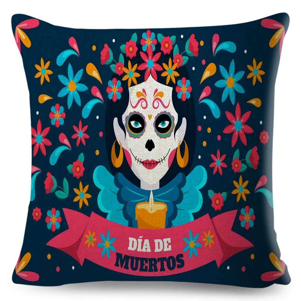 Day Of The Dead Pillowcase Decor Cartoon Mexico Flower Skull Print Cushion Cover for Sofa Home Polyester Pillow Case 45x45cm