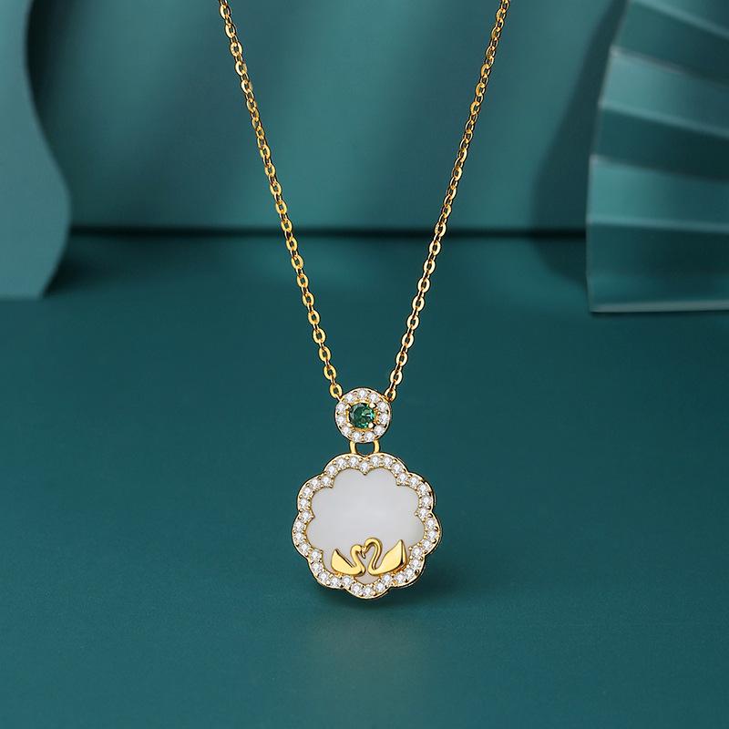 

S925 Silver Hetian Jade Flower & Moon Necklace Women s Clavicle Pendant for Mother s Day 925 Silver