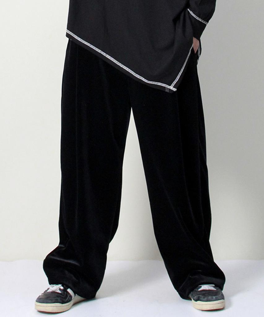 Deumakeu Velvet Laminated Single-Pleat Real Wide Pants Black