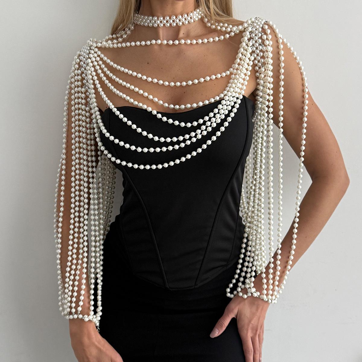 

Temperament Imitation Pearl Tassel Shoulder Chain Body Chain, Court Style Handmade Beaded Shawl Dress Accessories