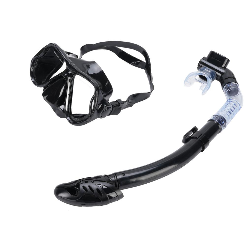 Adult Snorkel Set Wide View High Definition Tempered Glass Lens Diving Goggles and Full Dry Snorkel for Snorkeling Black