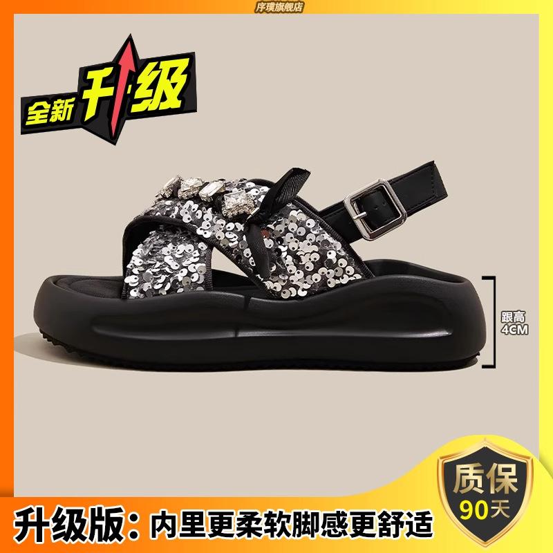 Platform sandals women's shoes 2025 summer new open-toe cross one-word buckle new Chinese sequined Roman beach shoes
