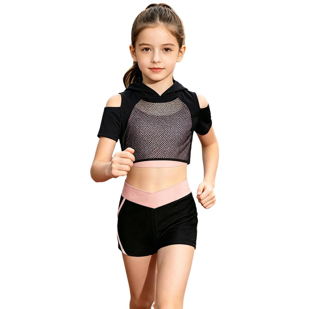 Kids Girls 3 Piece Sport Set Spaghetti Strap Vest Cold Shoulder Mesh Crop Hoodie with V Front Waist Shorts for Dance Gym Training