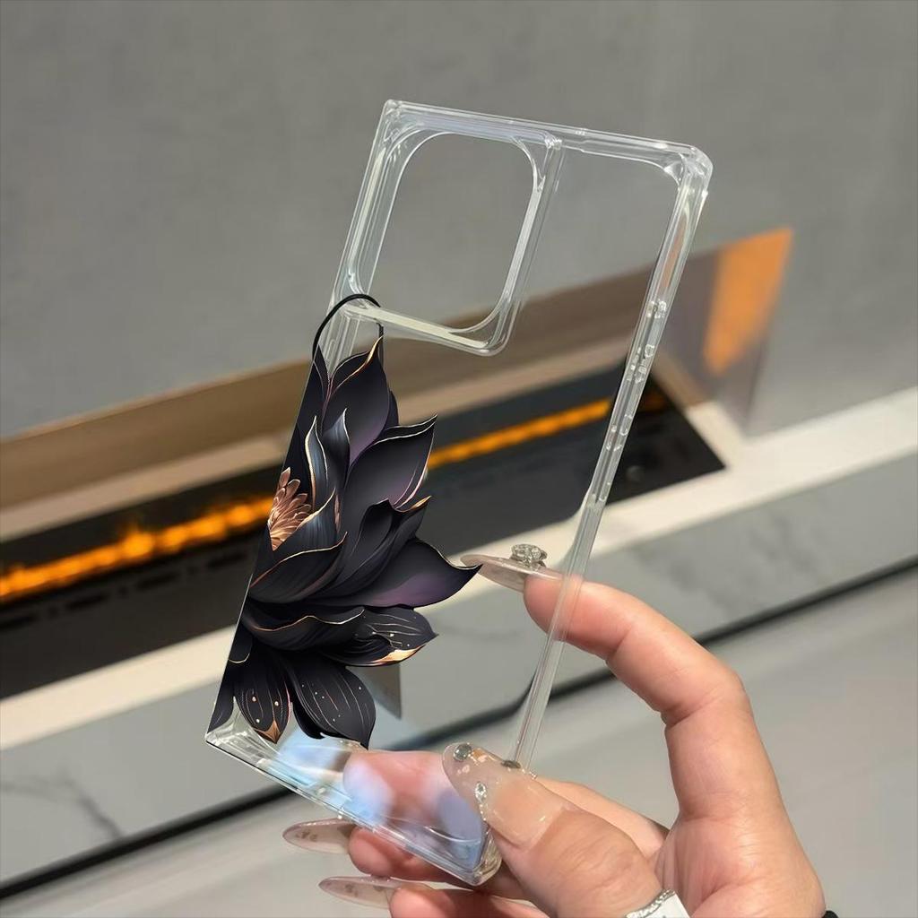 Transparent Square Back Tube Case Casing Protection For iPhone 15 Plus 11 14 Pro Max 16 ProMax 13 12 Anti-Oxygen,Black Lotus Pattern