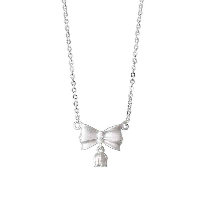Sterling Silver Bow Lily Necklace - Women's Light Luxury Sweet Choker with Wind Chime Clavicle Design.