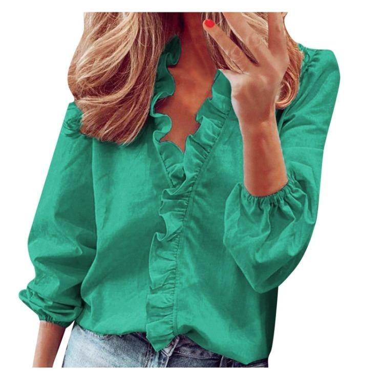 Comfortable Elegant Ruffle Blouse Long Sleeve Solid Color Womens Fashion Shirt
