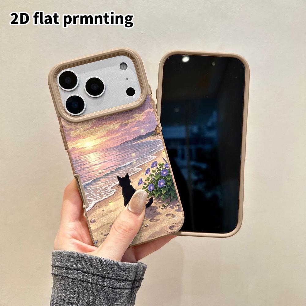 Phone Case: 2D flat lambskin suitable for iPhone 18 17 16 15 14 13 Pro protective case, twilight black cat, Christmas and Halloween gifts