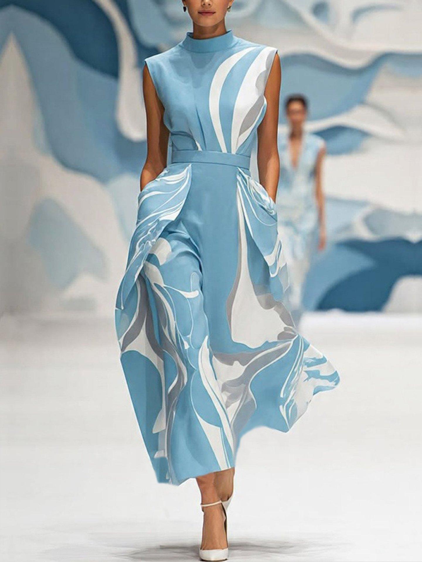 European French design temperament blue printed dress women s summer new slim skirt S