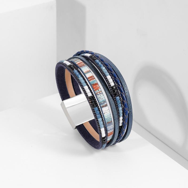 Bohemian Hand-woven Leather Bracelet Women's Alloy Magnetic Buckle Multi-layer PU Bracelet Multi-color Optional
