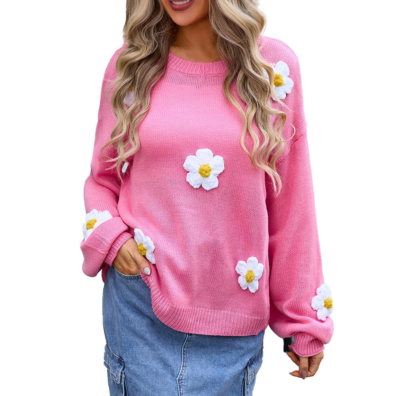 

Женский повседневный модный удобный пуловер с круглым вырезом контрастного цвета с цветочным принтом и длинным рукавом уличный тренд вязаный свитер XL
