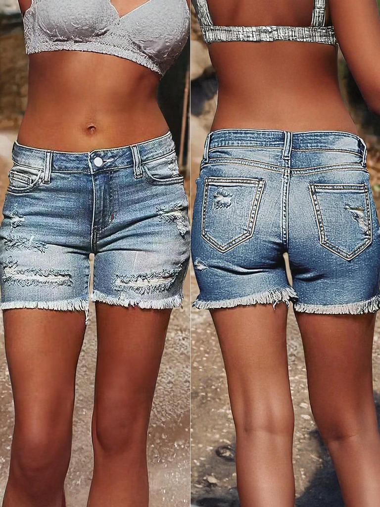 2026 Plus Size Mid-Waist Stretch Ripped Raw Hem Denim Shorts