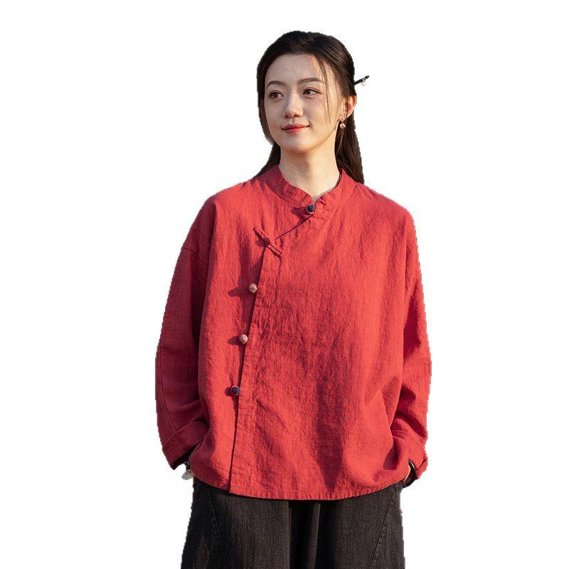 Spring/Summer 2025 Women's Retro Linen Shirt with Stand Collar, Side Placket, Color Block, Sand Wash, Frog Button, and Long Sleeves.