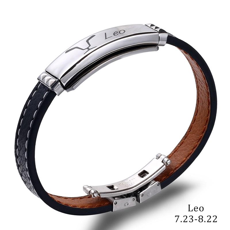 12 Constellations Stainless Steel Bracelets Bangles Cuff Leather Bracelet Men