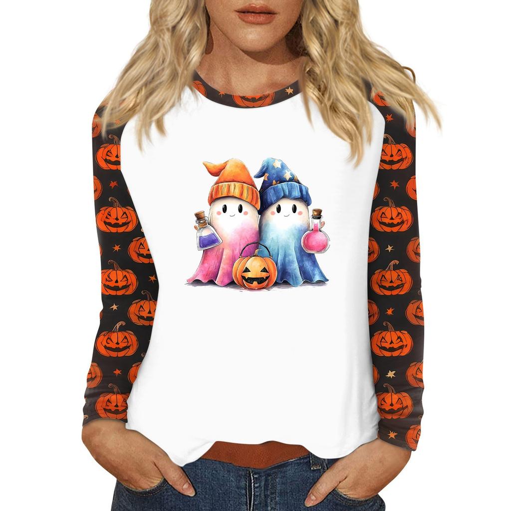 Women's T Shirt Halloween Print Long Sleeve Daily Fashion Basic Round Neck Raglan Sleeve Top