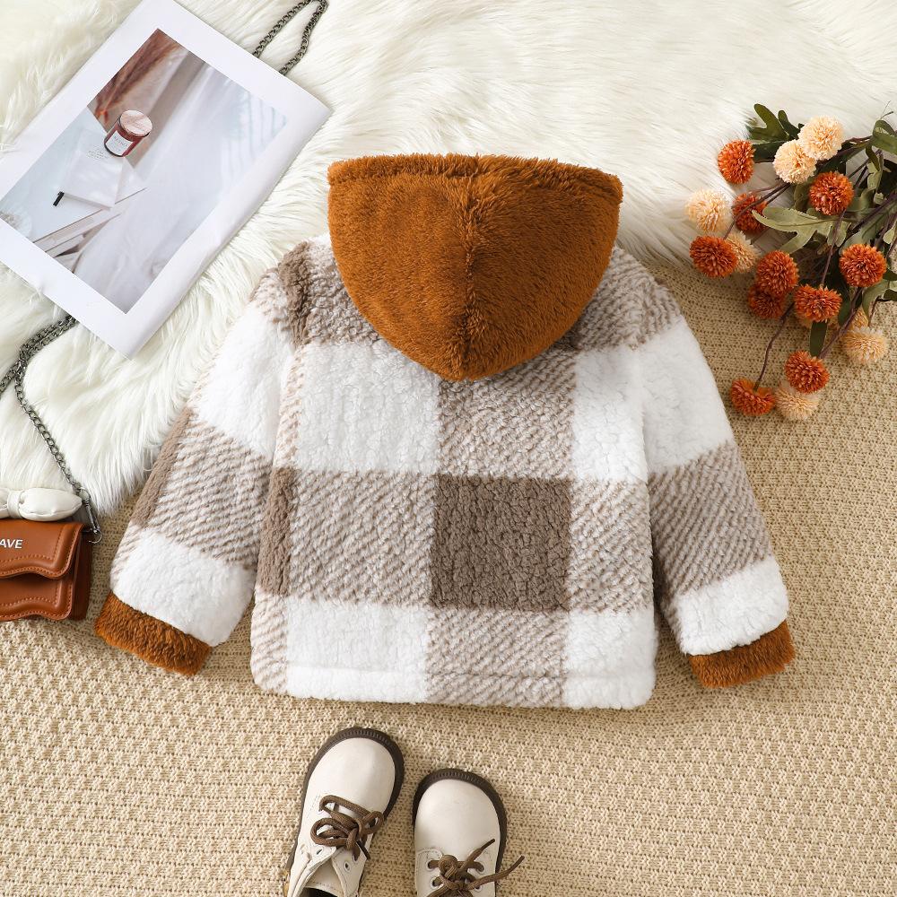 Kinderbekleidung Kinder Neu Mädchen Herbst und Winter Kariert Plüsch Kapuzen Casual Mantel