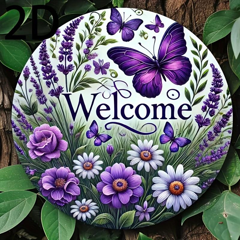 D Flat pc Vintage x Inch Purple Butterfly Welcome Sign Durable Aluminum D Wall Art for Home Garden Farmhouse Decor