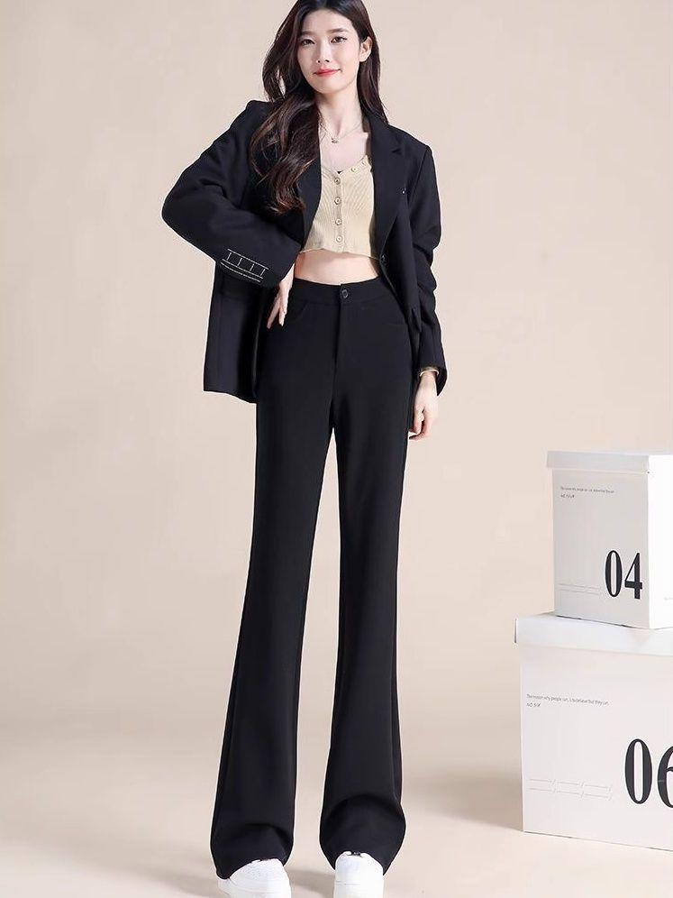 Women's Black High-Waisted Micro-Flare Suit Pants - Slimming, Body-Shaping, Petite Bell Bottoms for Spring & Autumn