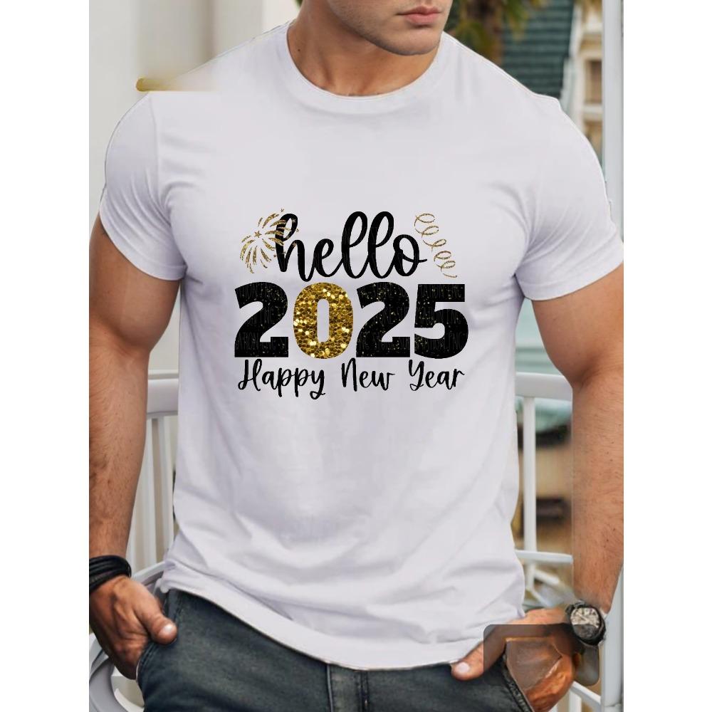 Men's Comfort Cotton T-Shirt with "Hello 2025" Print Casual Crew Neck Short Sleeve Machine Washable Round Neck Short-sleeve