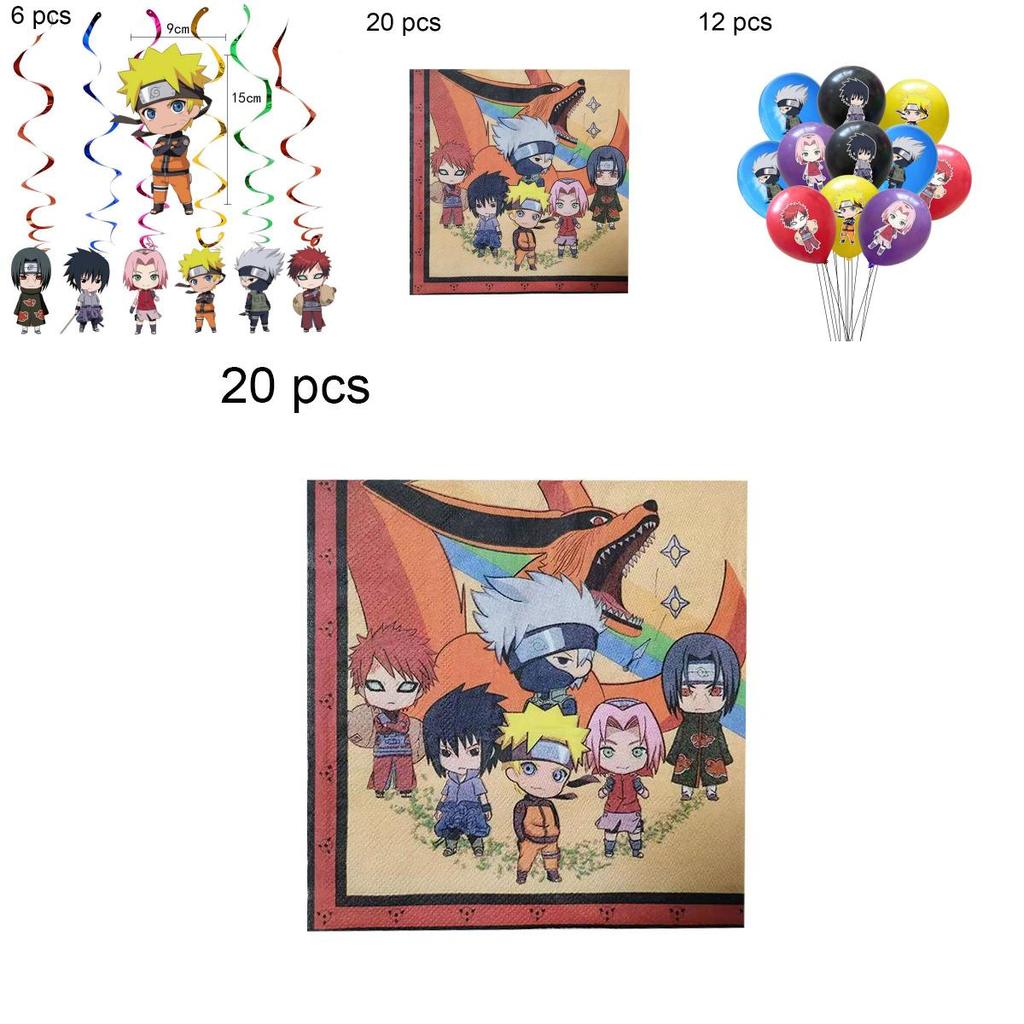 Fournitures de fête d'anniversaire sur le thème vibrant de Naruto Ninja, y compris des banderoles et des décorations de gâteau