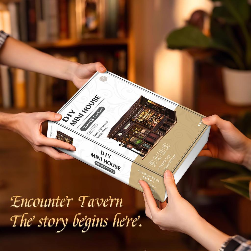 QmXCyzl DIY Dollhouse Miniature Kit for Beginners, Furniture, Room Decoration, 3D Hobby, Architectural Model, Dust Cover Not Included (Corner Tavern)