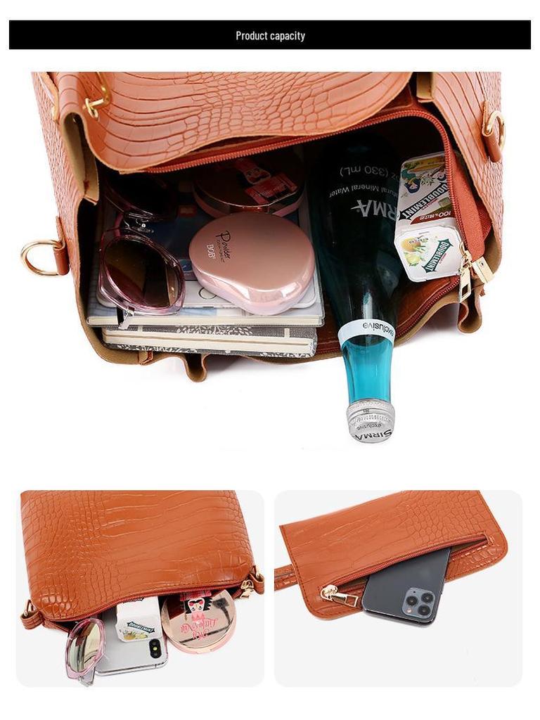 Women's 2023 European & American Crocodile Pattern Four-Piece Mother-Child Bag Set - Shoulder, Handheld, Crossbody & Bucket Styles