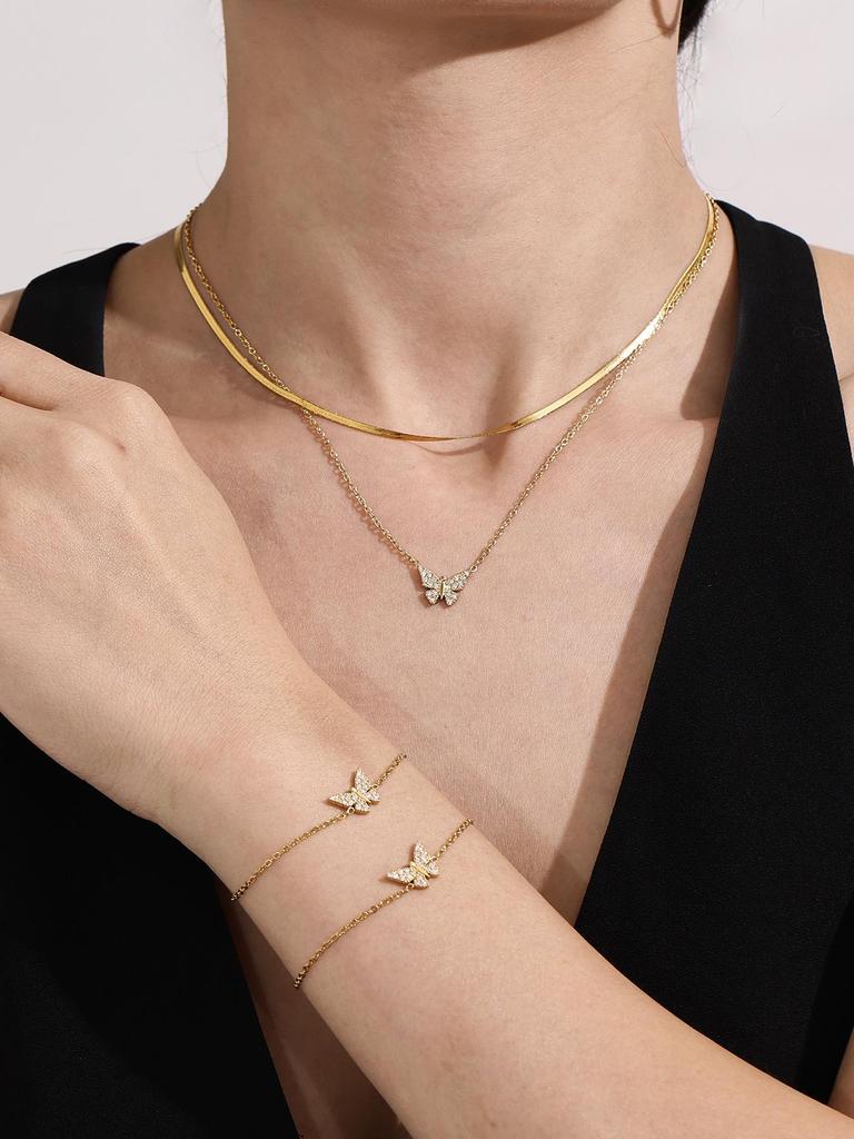 Oumaka Butterfly Zircon Clavicle Necklace & Bracelet Set - 5A Quality, Stainless Steel, Individual Design