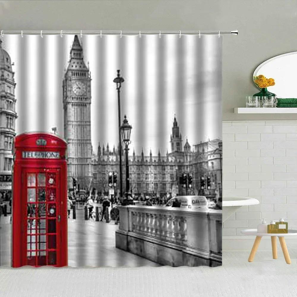 Architektura Londynu Widok Ulicy Zasłony Prysznicowe Zakochani Big Ben Czerwona Budka Telefoniczna Most Wodoodporna Tkanina Dekoracja Łazienki Curta