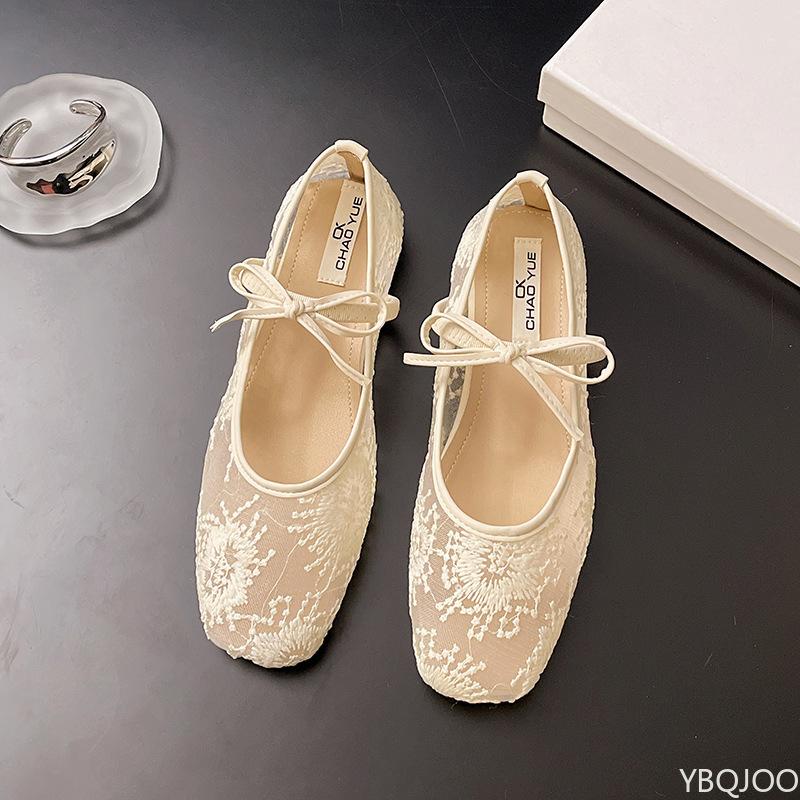 Fashionable versatile Summer New Square Head Bow Elegant Single Shoes Women Lightweight Breathable Comfortable Mesh Shoes