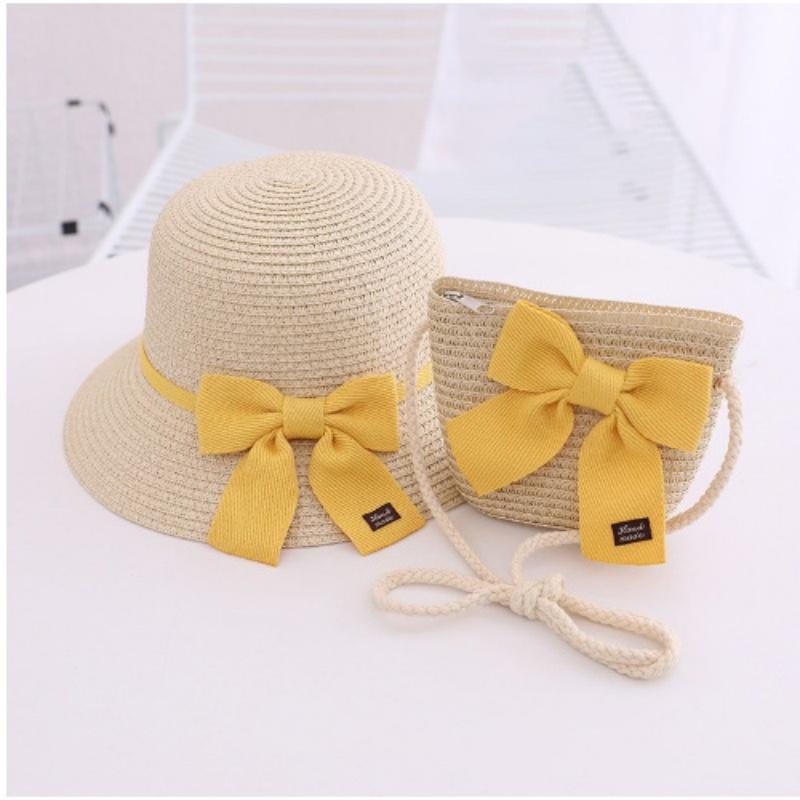 New Summer Baby Girls Straw Hat And Shoulder Bag 2pcs Set Parent-child Wide Brim Lace Holiday Beach Sun Hats Outdoor Bucket Cap