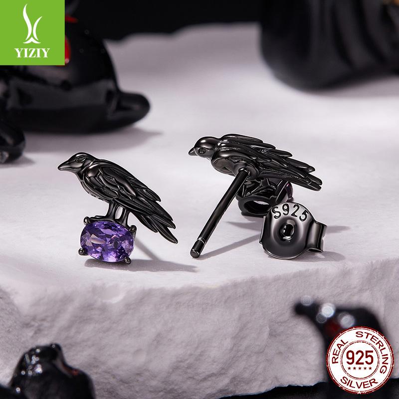 Halloween Dark Wind Crow Stud Earrings Cross-Border Popular S925 Sterling Silver Plated Black Gold Stud Earrings
