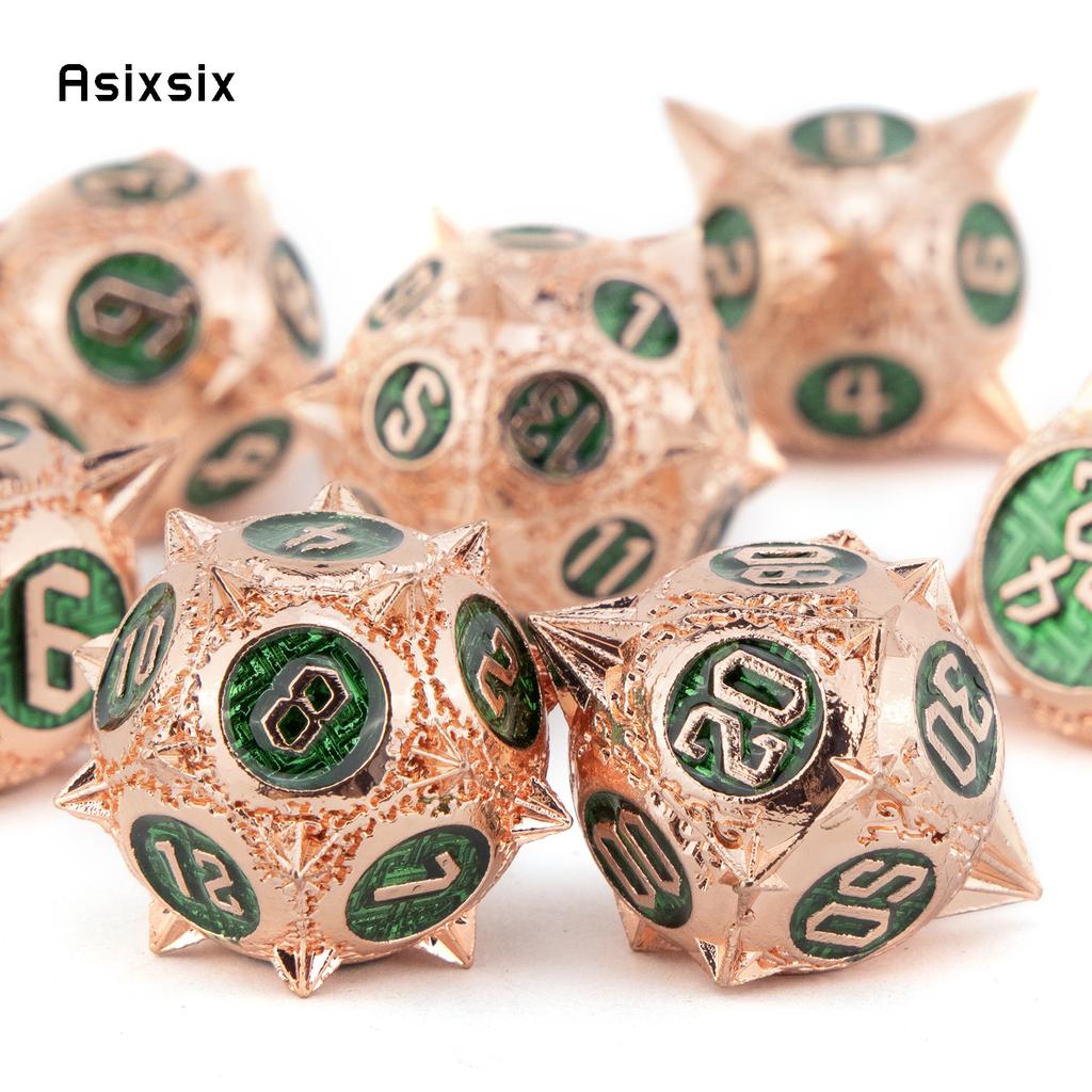 7 Pcs Copper Green Meteor Hammer Metal Dice Solid Metal Polyhedral Dice Set Suitable For Role-Playing Dice PropBoard Game Gift
