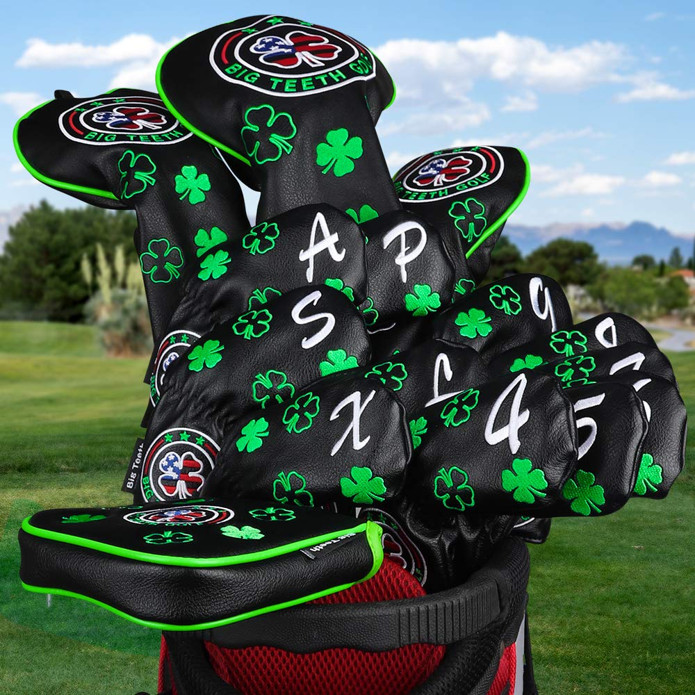 Big Teeth Golf Iron Headcover Set (11 Pieces: 4-9, P, A, S, L, X) with Embroidered Numbers, Long Neck, Elastic Closure, Clover Embroidery, Synthetic L