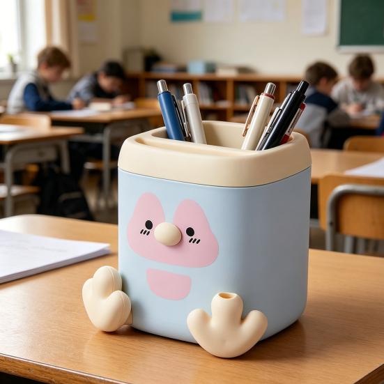xiaobudian Pen Holder with Detachable Pencil Sharpener, Dual Compartments Organizer, Cartoon Penguin Design Office Desk Organizer
