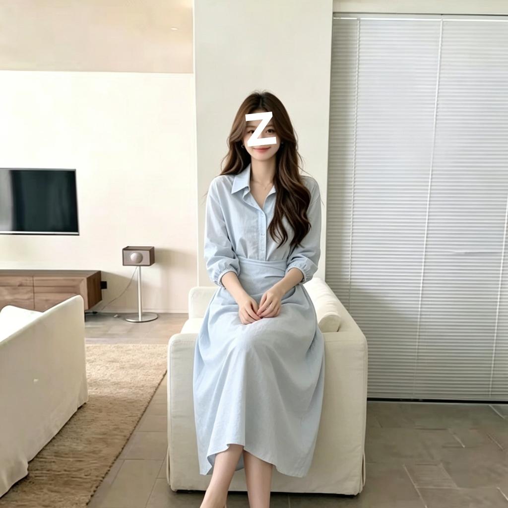 Light Blue Lapel Collar Long-sleeved Shirt Dress Women's Waist Twist Commuting Simple and Gentle Temperament Showing Thin Niche Design Sense