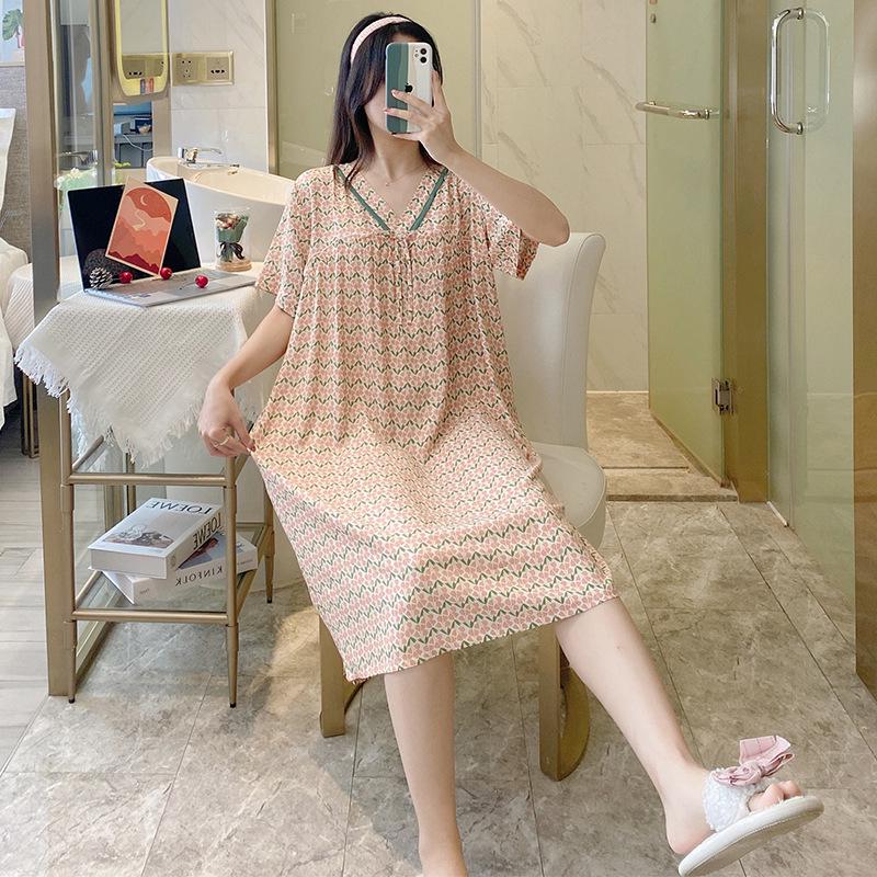 Sweet Summer V-Neck Cotton Rayon Nightgown - Loose-Fit, Short-Sleeved