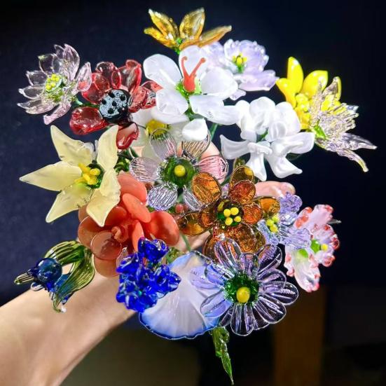 Ručně foukaná skleněná květinová dekorace s drátěným stonkem, ručně vyráběná figurka s barevnou glazurou, květinová váza, ozdoba do domácího obývacího pokoje, na kancelářský stůl