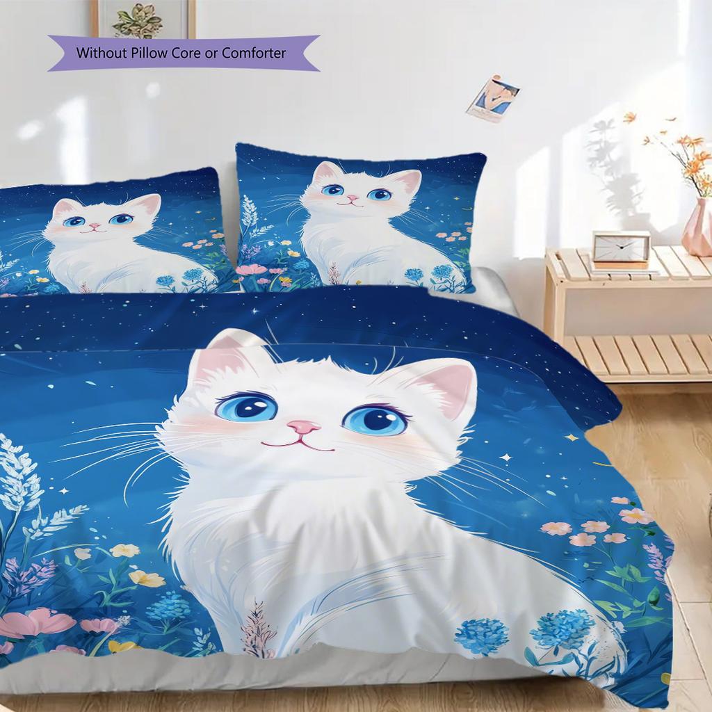 Weißes Katzenmuster Bettwäsche Steppdecke Set Deckenbezug Kissenbezug Heimdekoration Geburtstagsgeschenk (1 Bettbezug + 2 Kissenbezüge, ohne Füllung)