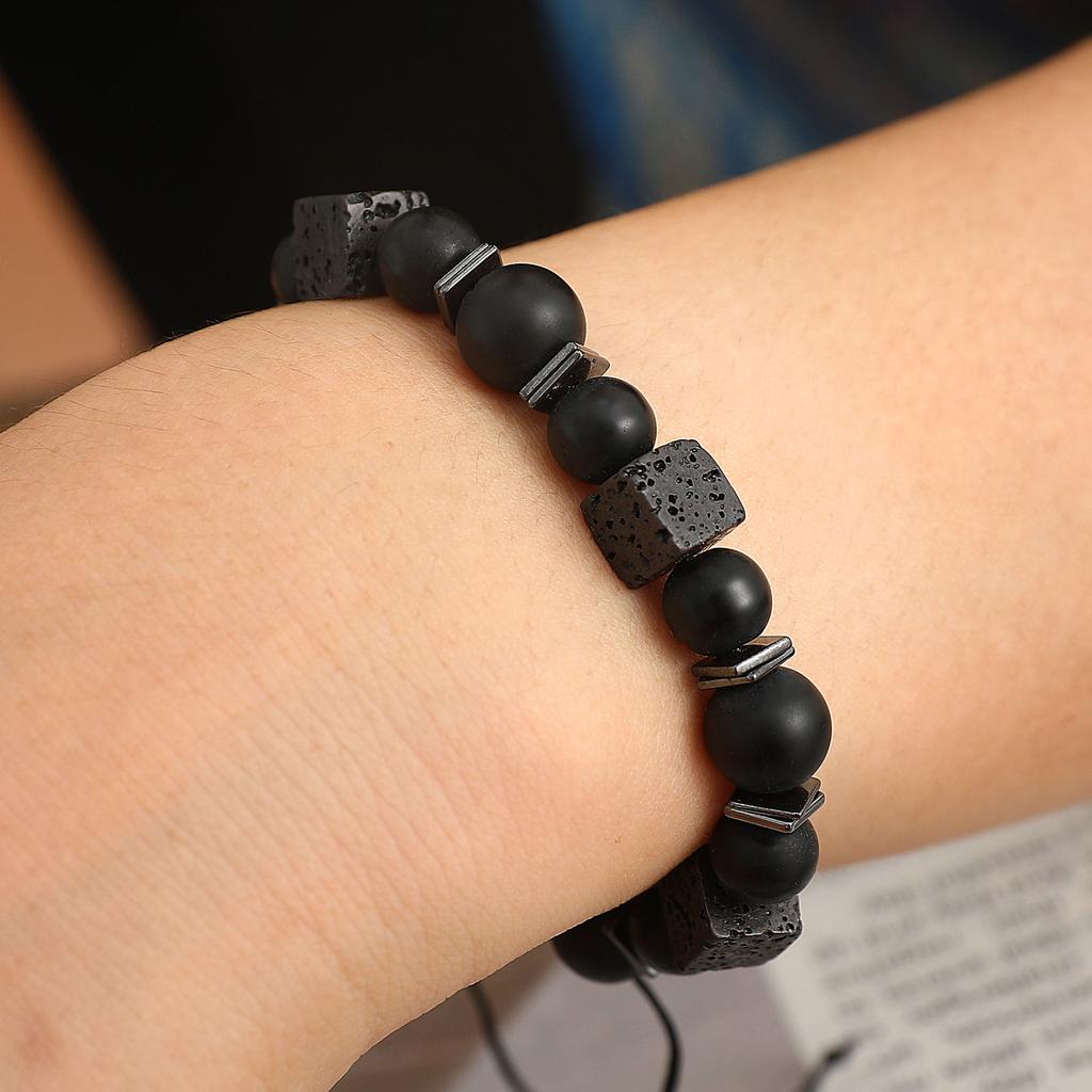 Lava Cube Volcanic Stone Braided Bracelet, Men'S Matte Adjustable Bracelet
