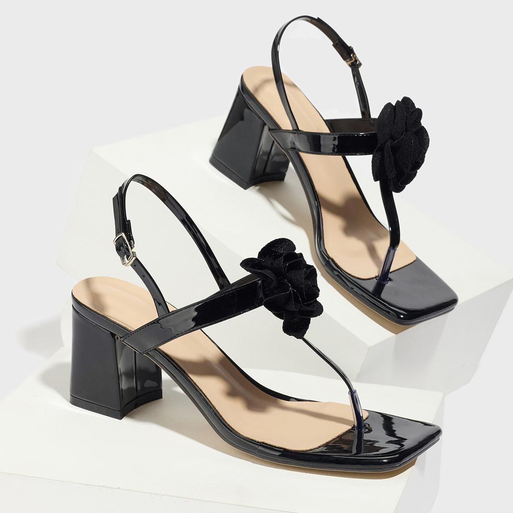 Sandalias De Mujer Fashion Sandals for Women Leather Black Flower Square Toe Chunky Heeled Shoes Elegant Party Tacones Size35-43