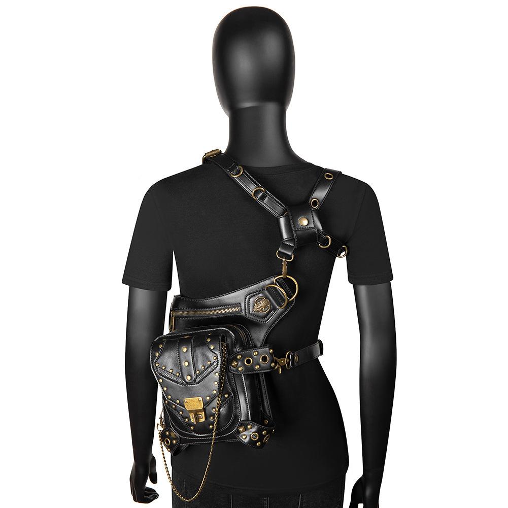Bolso de moto con remaches retro steampunk para mujer, bandolera de un solo hombro, riñonera con cadena para mujer