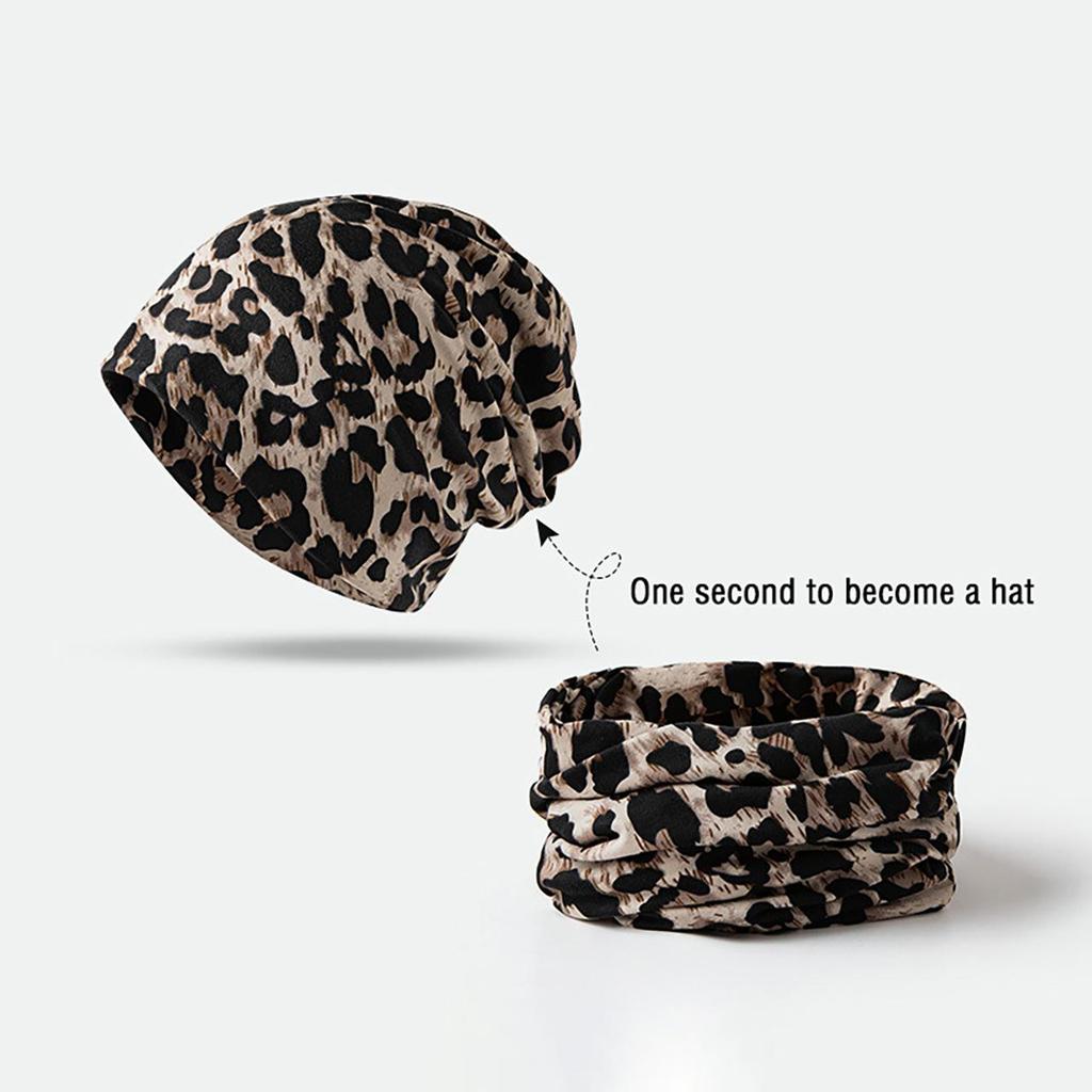 Fashion Leopard Beanies Cap for Women Vintage Knitted Warm Dual-use Skullcap Snood Casual Riding Windproof Pullover Hat