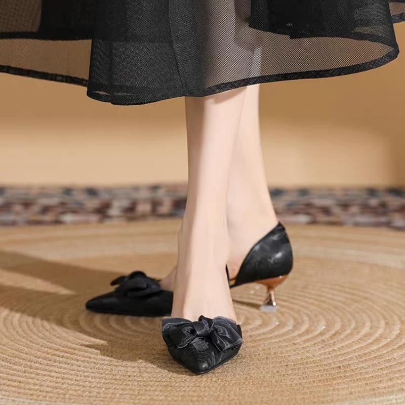 Summer New High Heels Pointed Head Shallow Mouth Flannelette Rhinestone Butterfly Knot Anti-slip Wear-resistant Single Shoes