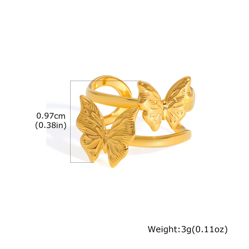 Open Adjustable Butterfly Heart Ring for Women, Hypoallergenic Stainless Steel Gold Color Aesthetic Fashion Jewellry Accessories