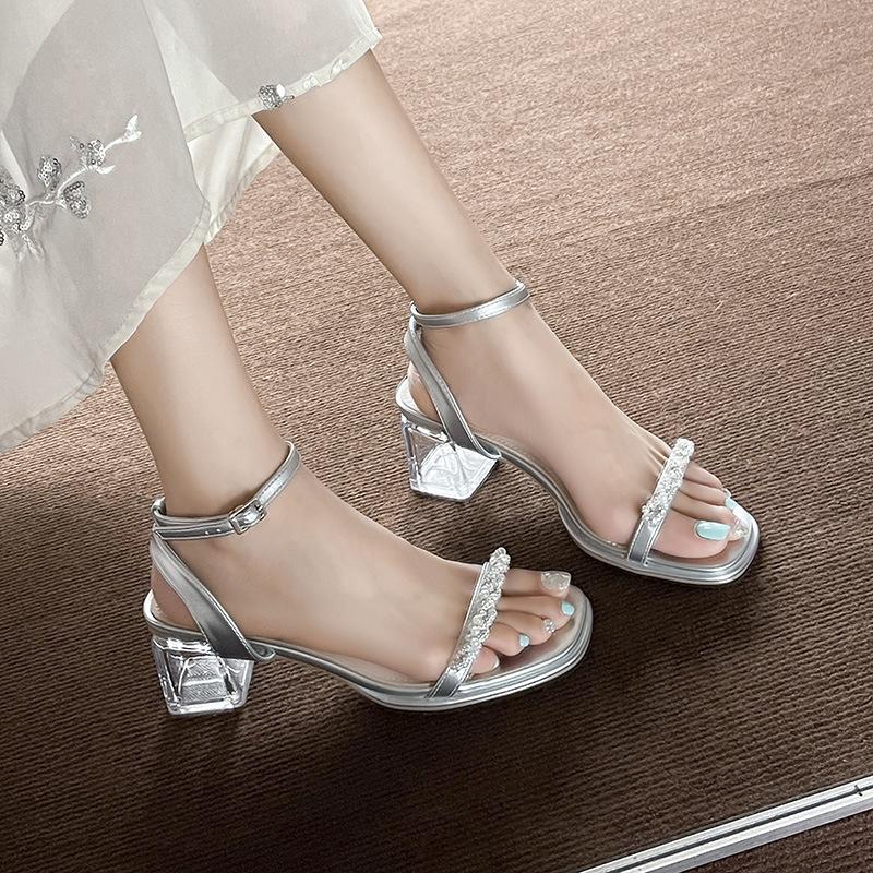Thick Heel Sandals Female Summer New Fairy Wind Transparent Crystal Diamond Strip High Heel Word with Open Toe Sandals Female