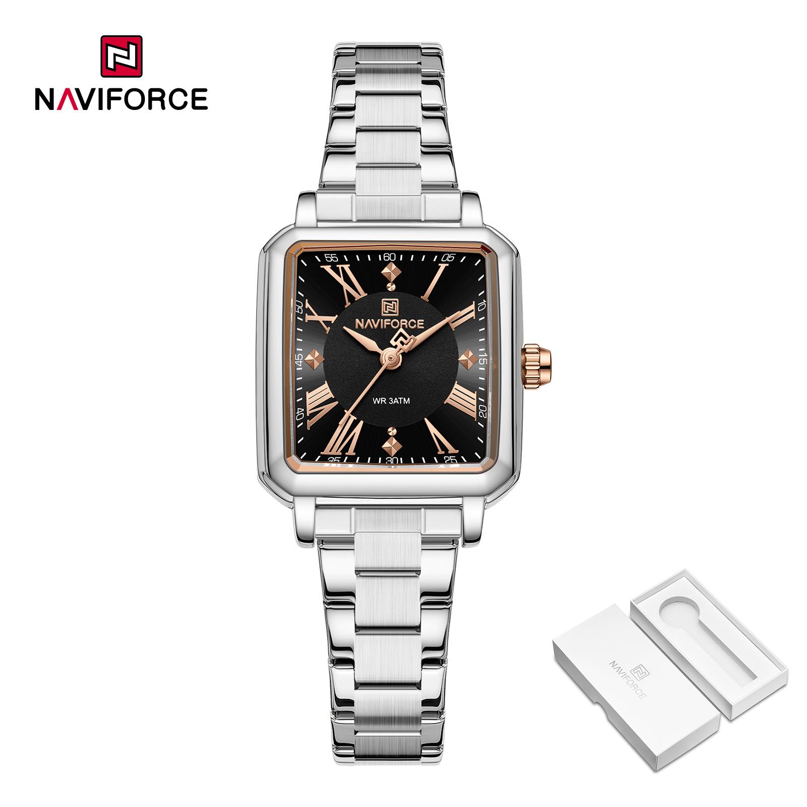 

NAVAFORCE Женские кварцевые часы Церемония Вечеринка Ремешок из нержавеющей стали Водонепроницаемые Квадратный римский циферблат Женские повседневные модные аксессуары Часы NF5065 серебряный/чёрный