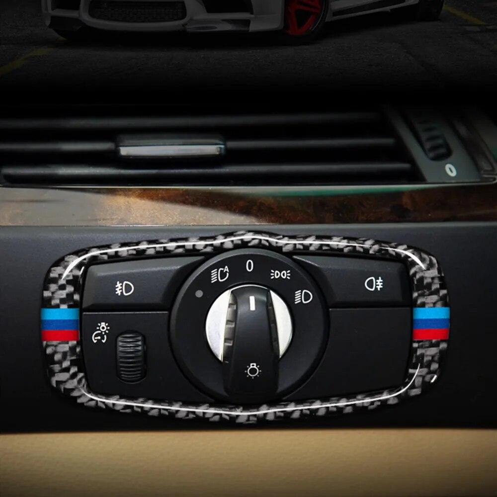 Διακοσμητικό αυτοκόλλητο πλαισίου διακόπτη προβολέων αυτοκινήτου από ανθρακονήματα για BMW Σειρά 5 E60 X5 E70 X6 E71 2008-13 Auto Interior Accessories